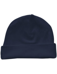 En sort beanie-hue uden mønster vises mod en hvid baggrund. Huen har en bred manchet, der kan foldes op.