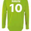 Trøje i limegrøn med lange ærmer har teksten "NAVN" og tallet "10" på ryggen. Under teksten ses mærket "SOL'S" med sloganet "the fair spirit".