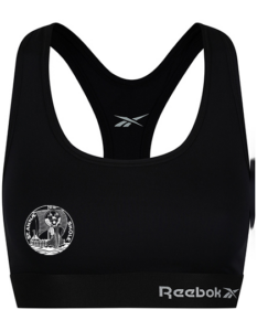 Sports-bh i sort design, prydet med Reebok-logoet foran. Grafisk symbol med teksten "FRANK'S DANCE STUDIO" på venstre side. Baggrund er enkel og neutral.