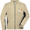 En beige fleecetrøje med sorte striber langs ærmerne. Trøjen er åben med lynlås foran. Tekst: "Dit Design" med et orange plus, placeret på brystet.