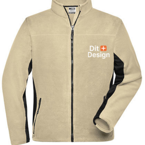 En beige fleecetrøje med sorte striber langs ærmerne. Trøjen er åben med lynlås foran. Tekst: "Dit Design" med et orange plus, placeret på brystet.