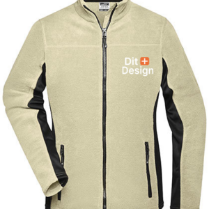 Jakke med lynlås og tovejs lynlåse i beige og sort design. Tekst på brystet: “Dit Design”. Jakken er let isolerende, egnet til køligt vejr.