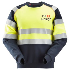 Sweatshirt i fluorescerende gul og mørkeblå med reflekterende striber. Teksten "Dit Design" er trykt på brystet. Trøjen ligger fladt uden andre genstande omkring.