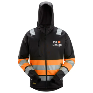 Sort og orange arbejdsvest med hætte og reflekterende striber. Tekst på vesten: "PX Design". Placeret mod en hvid baggrund.