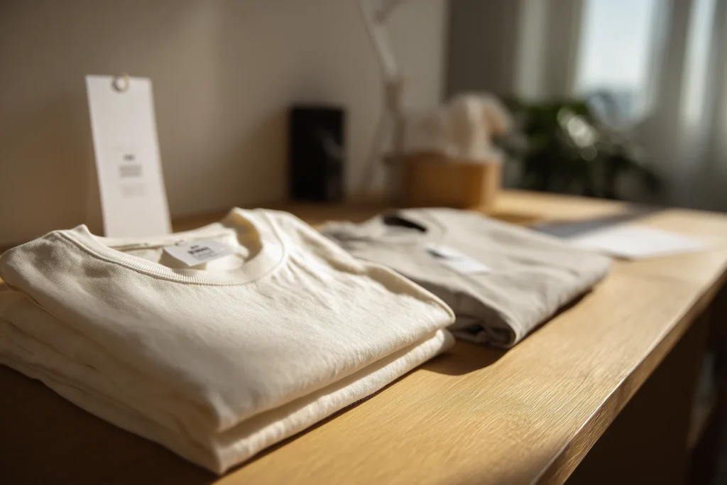 Foldede t-shirts i neutrale farver på træbord