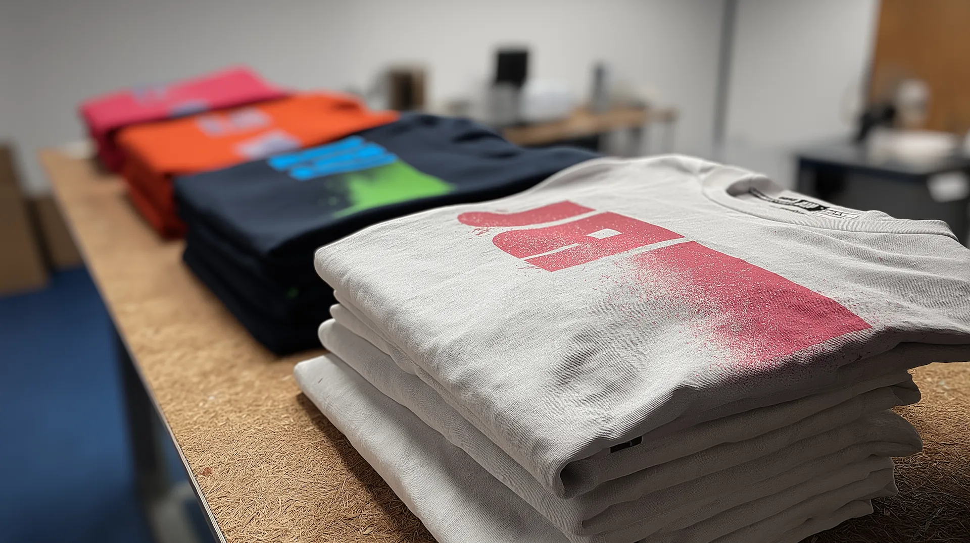 Foldede t-shirts med logo tryk i produktion hos NordicTryk