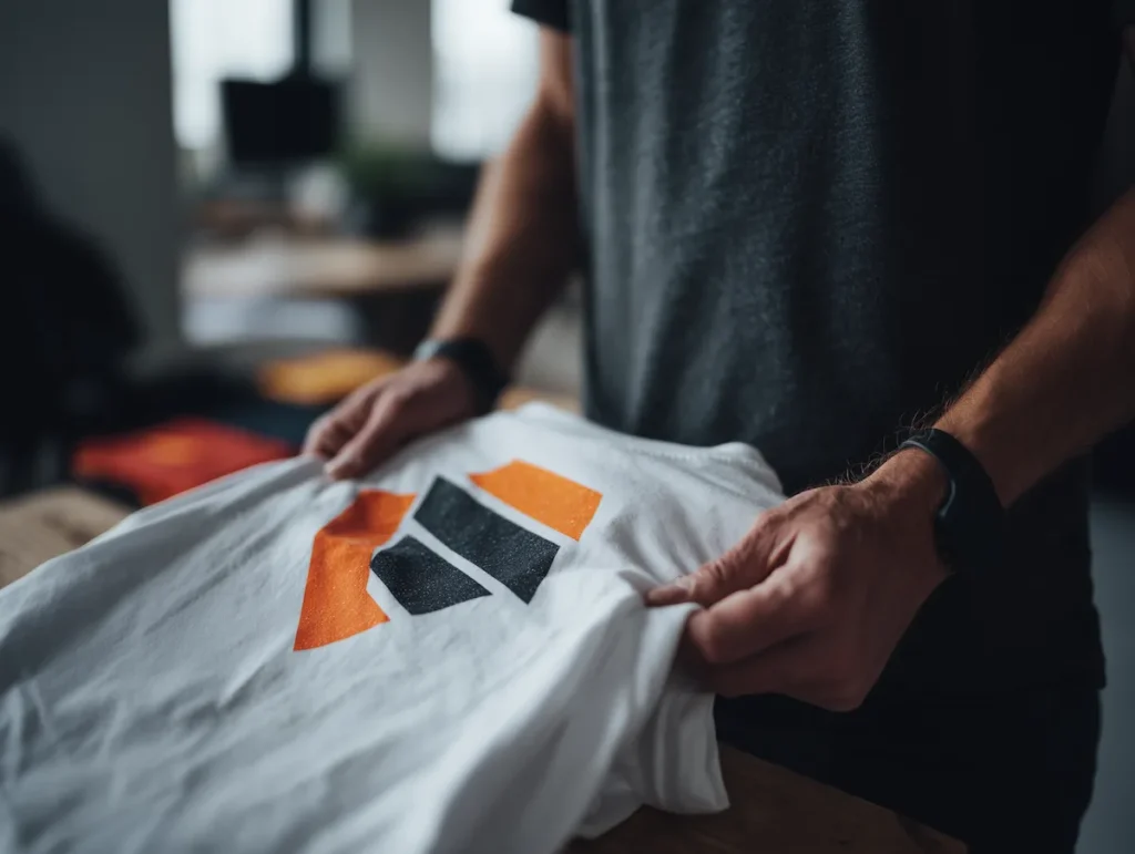 Person holder hvid t-shirt med orange og sort logo tryk