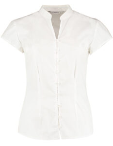 Tailored Fit Mandarin Collar Poplin Blouse Cap Sleeve