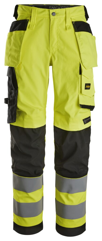 High-Vis, Damearbejdsbukser i stretch med hylsterlommer, klasse 2